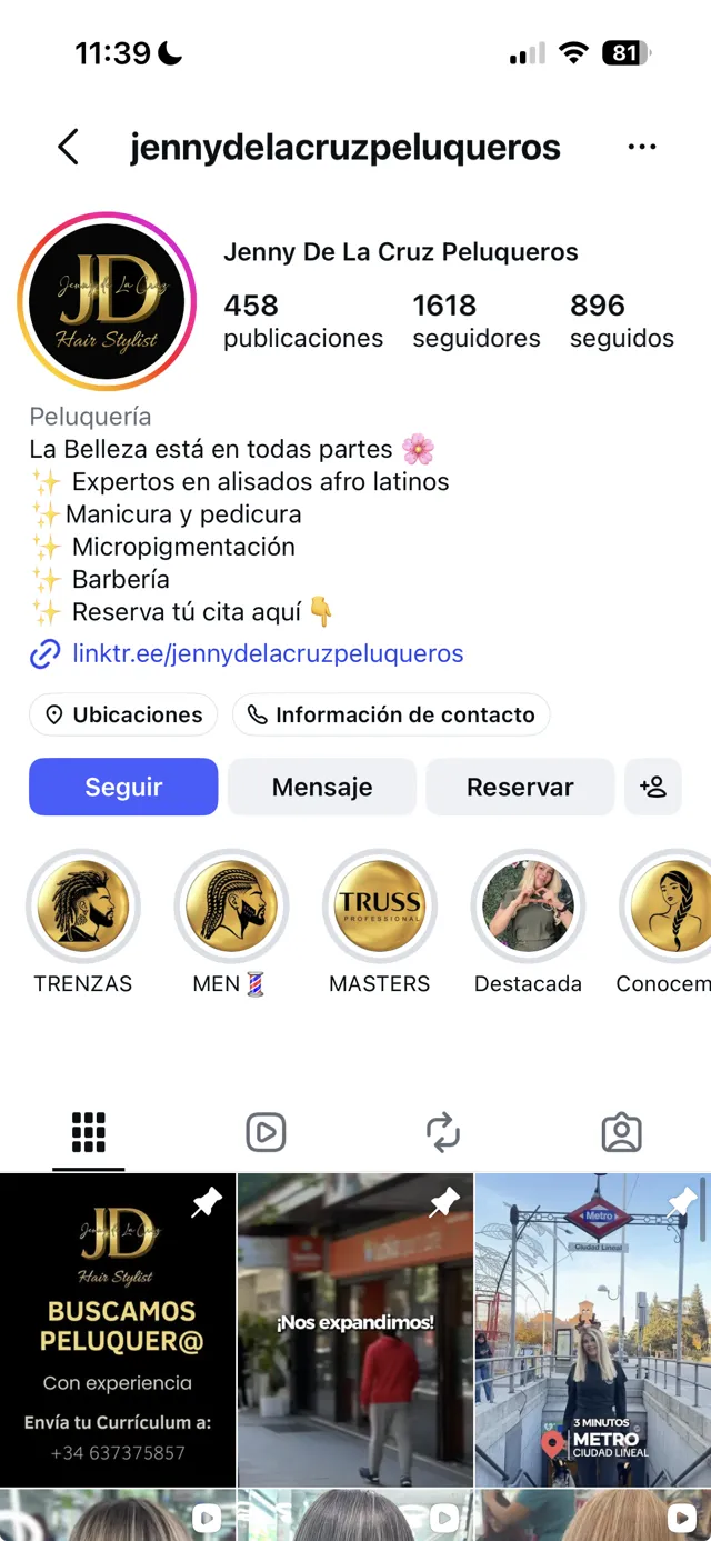 Perfil de Instagram de Jenny de la Cruz Peluqueros con resultados de cabello